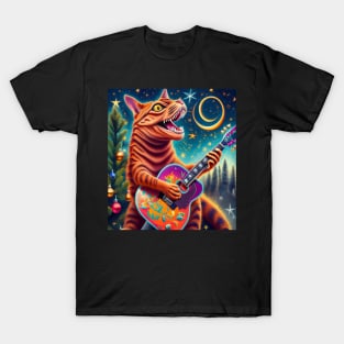 Christmas tree cat dinosaur playing guitar T-Shirt